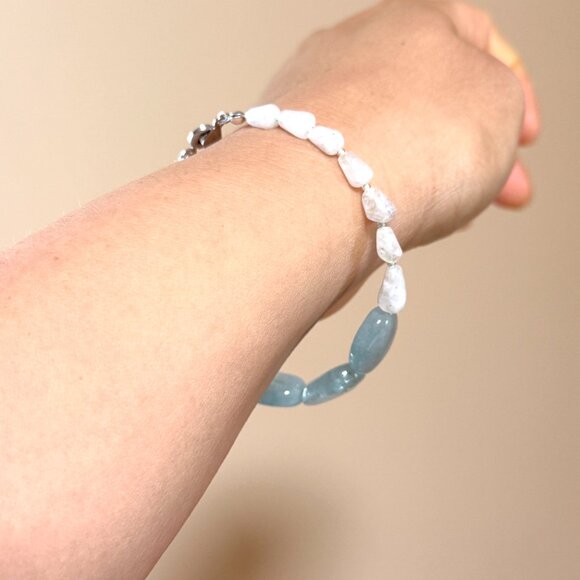 Genuine Blue Aquamarine & Rainbow Moonstone Bracelet, Beaded Gemstone Bracelet - Picture 10 of 10